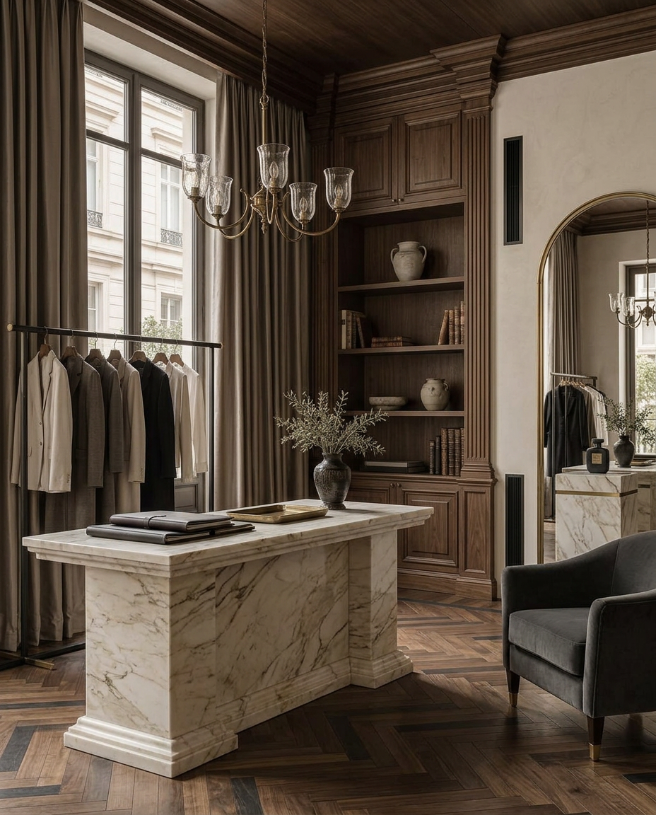 Classical Milanese atelier with marble display table, dark walnut joinery and brass lighting