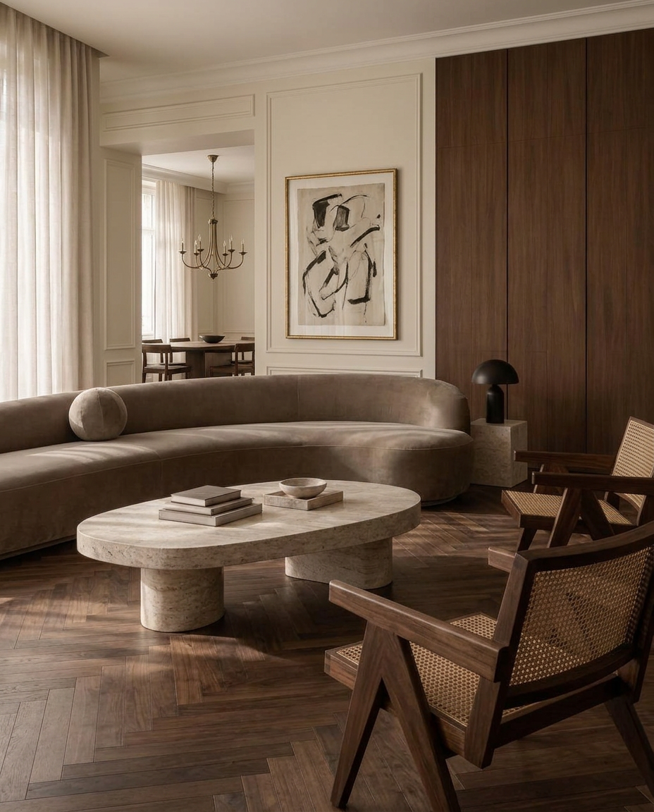 Classical Milanese salon with paneled walls, velvet seating, travertine and walnut chairs