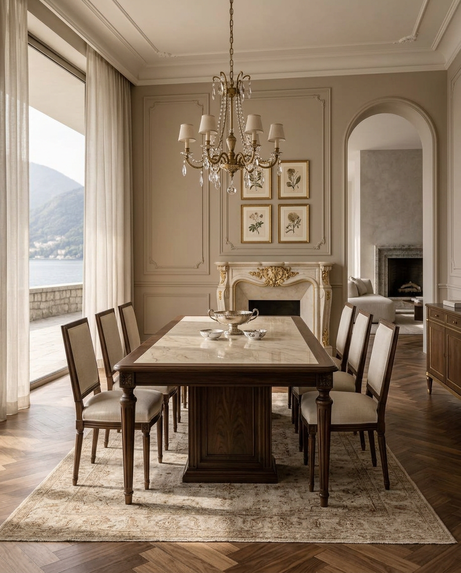 Classical Lake Como dining room with marble, carved walnut and an antique brass chandelier